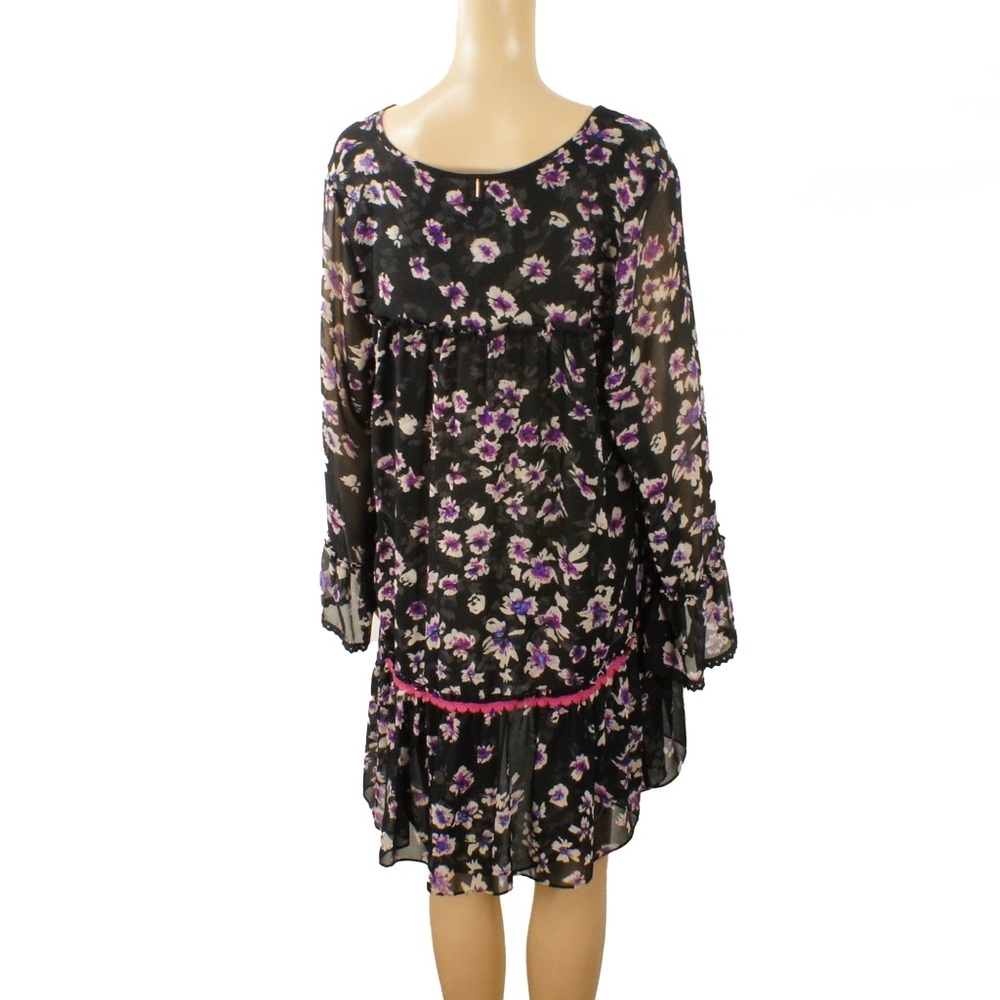 Misa Gallo Floral Black Boho Drop Waist Sheer Long Sleeve Mini Dress - Picture 7 of 10